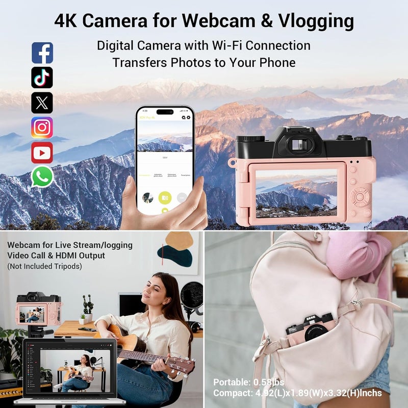 SMARTKLIK Store كاميرا رقمية، FHD 4K 75MP كاميرا فيديو للمدونات مع شاشة قابلة للطي 3'' 180°، بطاقة SD سعة 64GB، زوم رقمي 16x، بطاريتين، كاميرا رقمية للمبتدئين (وردي) - Image 3